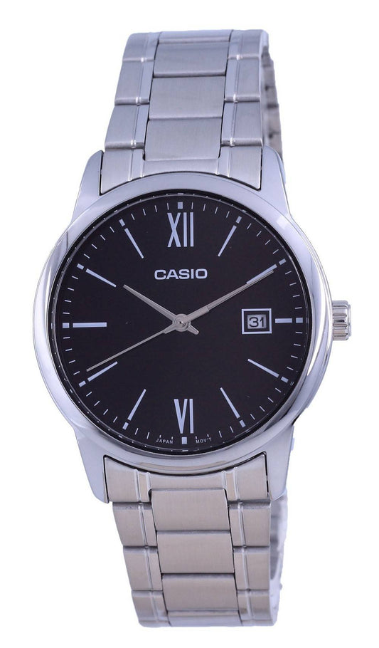 Casio Black Dial Stainless Steel Analog Quartz MTPV002D-1. A brand-new Casio watch featuring a Black dial and a Stainless steel strap. Front view.