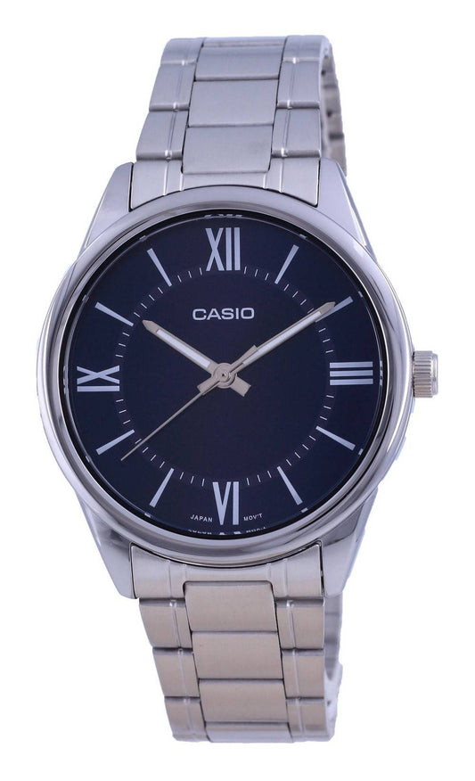Casio Blue Dial Stainless Steel Analog Quartz MTPV005D-2. A brand-new Casio watch featuring a Blue dial and a Stainless steel strap. Front view.