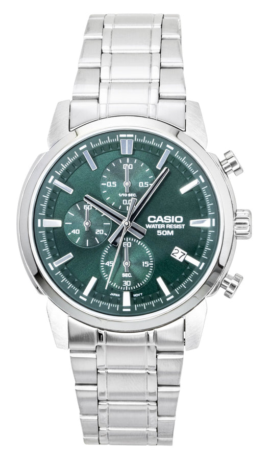 Casio Chronograph Analog Stainless Steel Green Dial Quartz. A brand-new Casio watch featuring a Green dial and a Stainless steel strap. Side view.