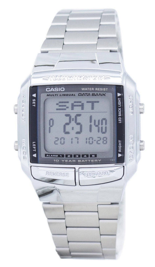 Casio Data Bank Illuminator Dual Time Alarm Digital DB360-1A. A brand-new Casio watch featuring a Stainless steel strap. Front view.