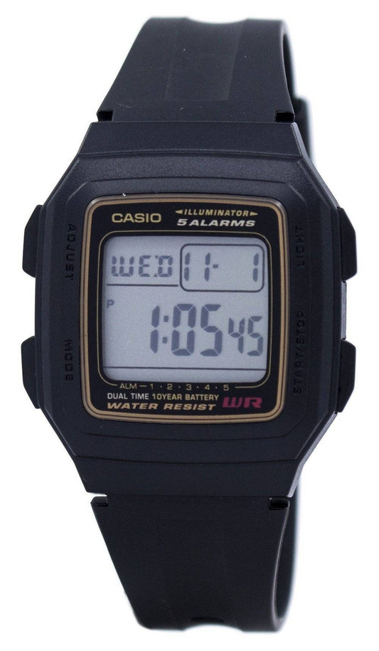 Casio Digital 5 Alarms Dual Time Illuminator F201WA-9ADF. A brand-new Casio watch. Angled view.