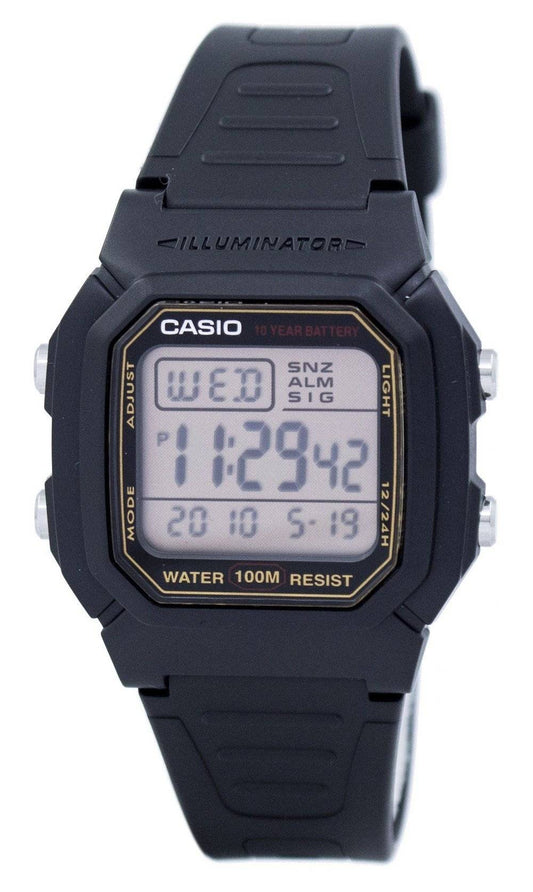 Casio Digital Alarm Illuminator W-800HG-9AV Water Resistant. A brand-new Casio watch. Side view.