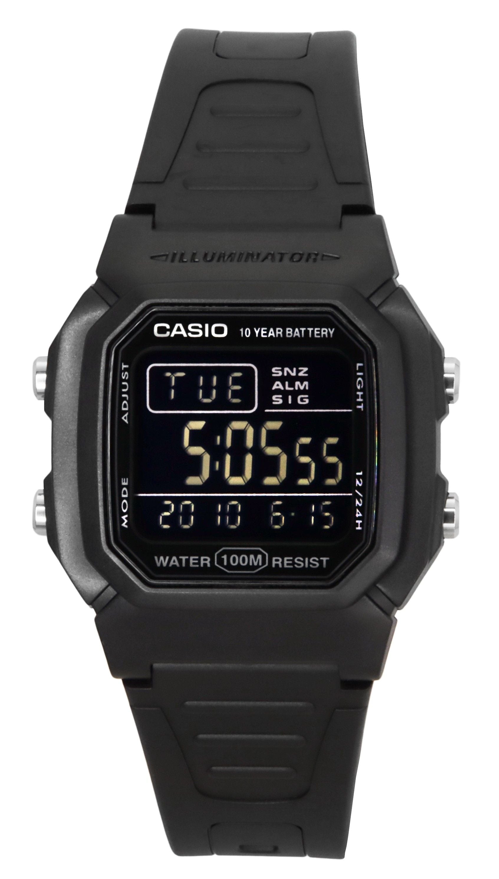 Casio Digital Black Dual Time Resin Strap Quartz 100M. A brand-new Casio watch. Front view.