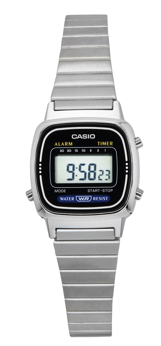 Casio Digital Classic Alarm Timer LA670WA-1 Wo. A brand-new Casio Classic watch featuring a Stainless steel strap. Side view.