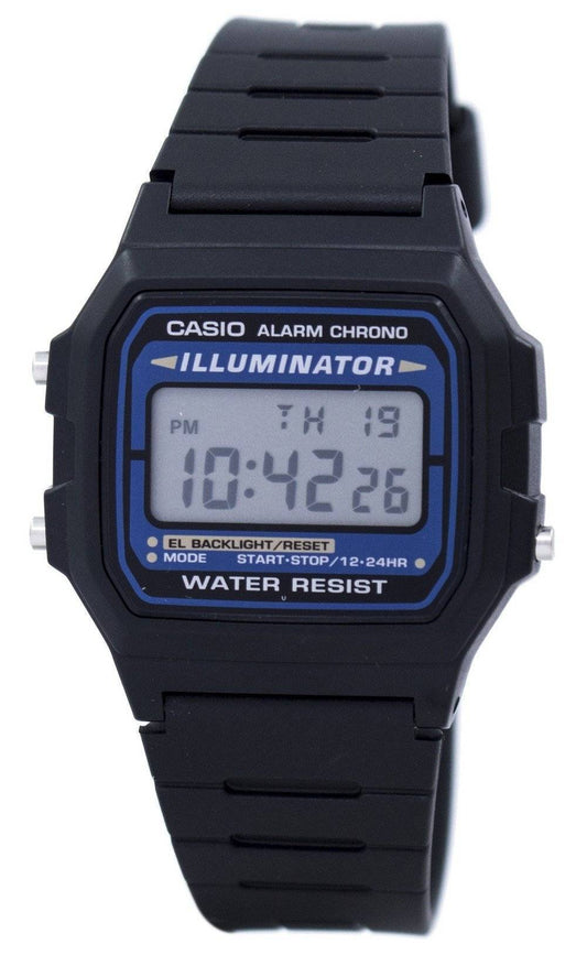 Casio Digital Quartz Alarm Chrono Illuminator F105W-1ADF. A brand-new Casio watch. Angled view.