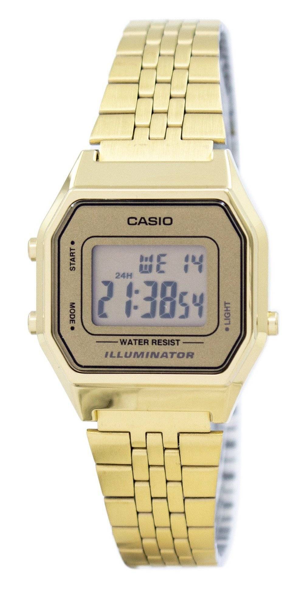 Casio Digital Quartz Stainless Steel Illuminator LA680WGA-9. A brand-new Casio watch featuring a Stainless steel strap. Front view.