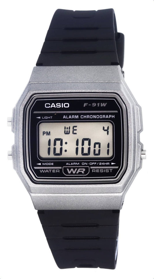 Casio Digital Resin Black Dial Quartz F91WM-1B. A brand-new Casio watch featuring a Black dial. Angled view.