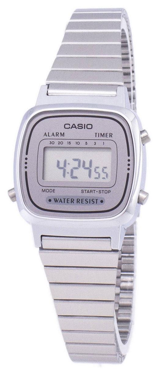 Casio Digital Stainless Steel Alarm Timer LA670WA-7 Wo. A brand-new Casio watch featuring a Stainless steel strap. Angled view.