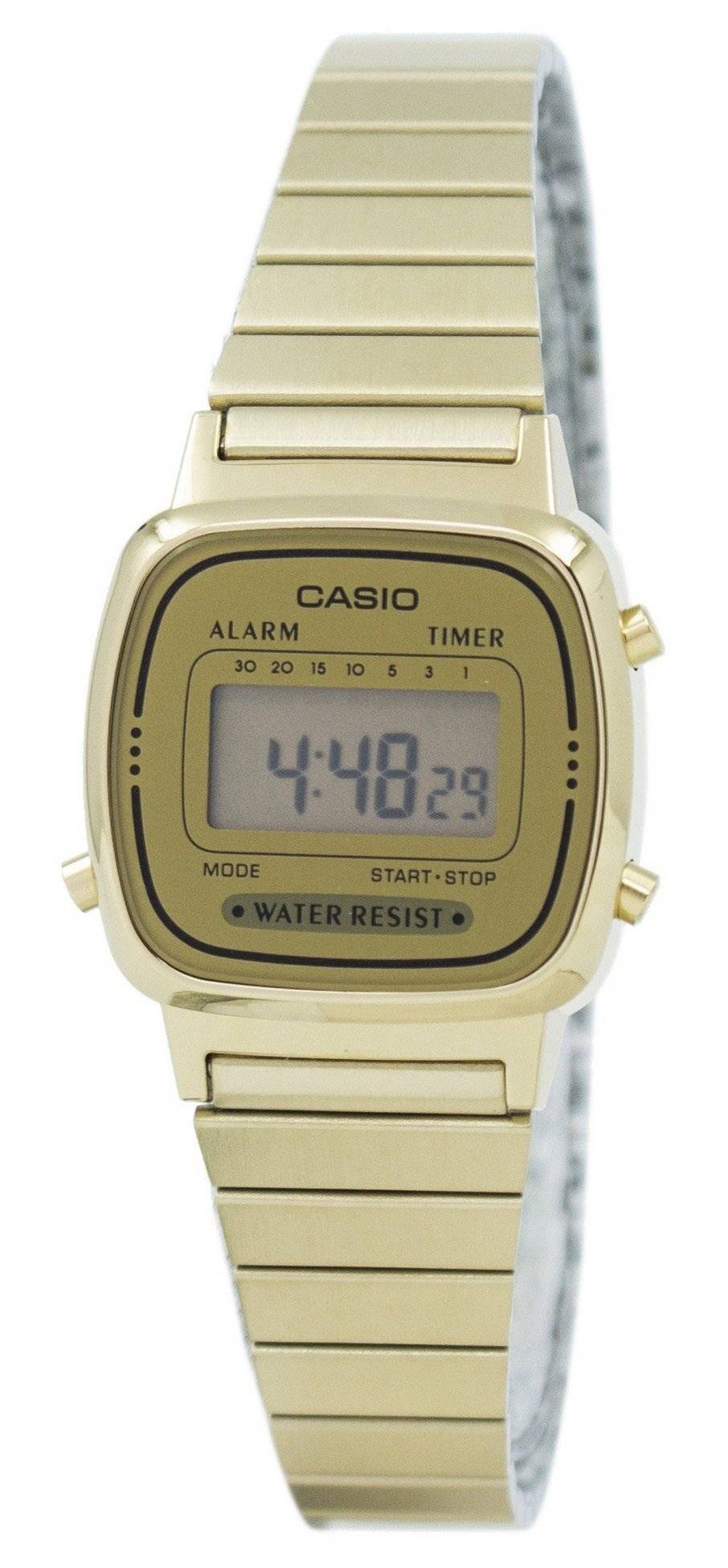 Casio Digital Stainless Steel Alarm Timer LA670WGA-9 Wo. A brand-new Casio watch featuring a Stainless steel strap. Side view.