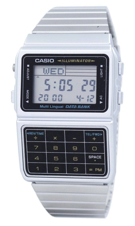 Casio Digital Stainless Steel Data Bank Multi-Lingual. A brand-new Casio watch featuring a Stainless steel strap. Angled view.