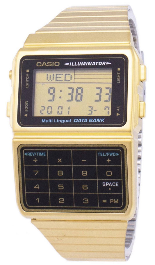 Casio Digital Stainless Steel Data Bank Multi-Lingual. A brand-new Casio watch featuring a Stainless steel strap. Side view.