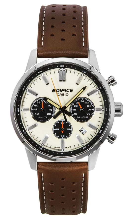 Casio Edifice Analog Chronograph Leather Strap Cream Dial. A brand-new Casio Edifice watch featuring a Leather strap. Side view.