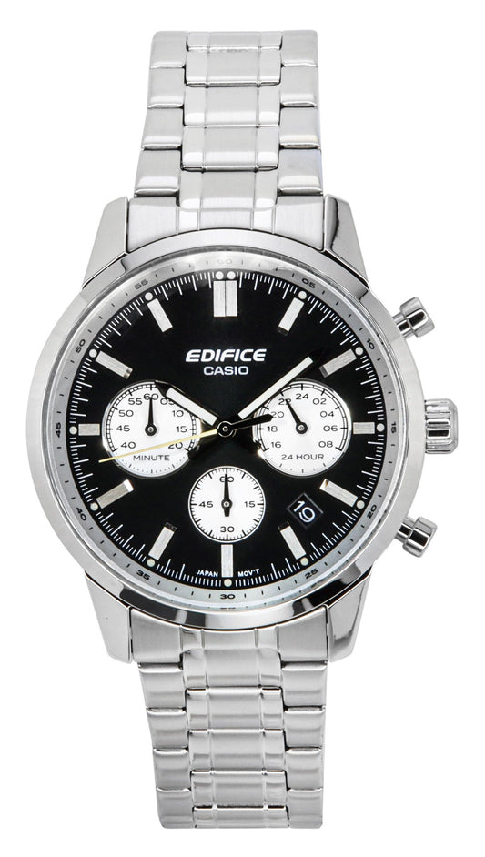 Casio Edifice Analog Chronograph Stainless Steel Black Dial. A brand-new Casio Edifice watch featuring a Black dial and a Stainless steel strap. Side view.