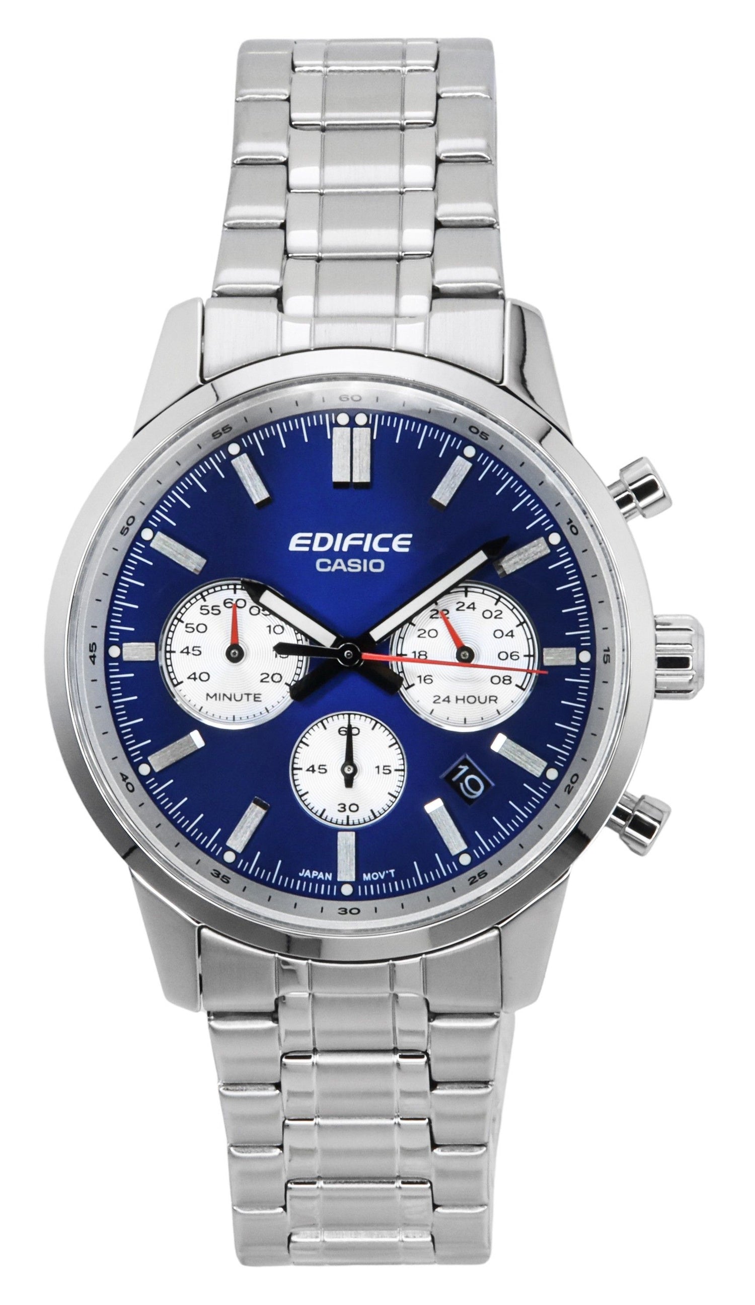 Casio Edifice Analog Chronograph Stainless Steel Blue Dial. A brand-new Casio Edifice watch featuring a Blue dial and a Stainless steel strap. Angled view.