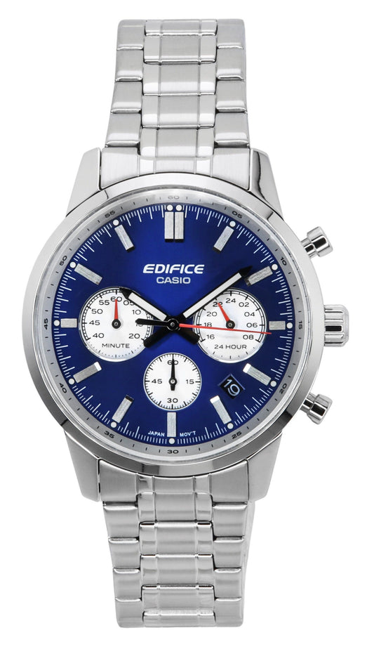 Casio Edifice Analog Chronograph Stainless Steel Blue Dial. A brand-new Casio Edifice watch featuring a Blue dial and a Stainless steel strap. Angled view.
