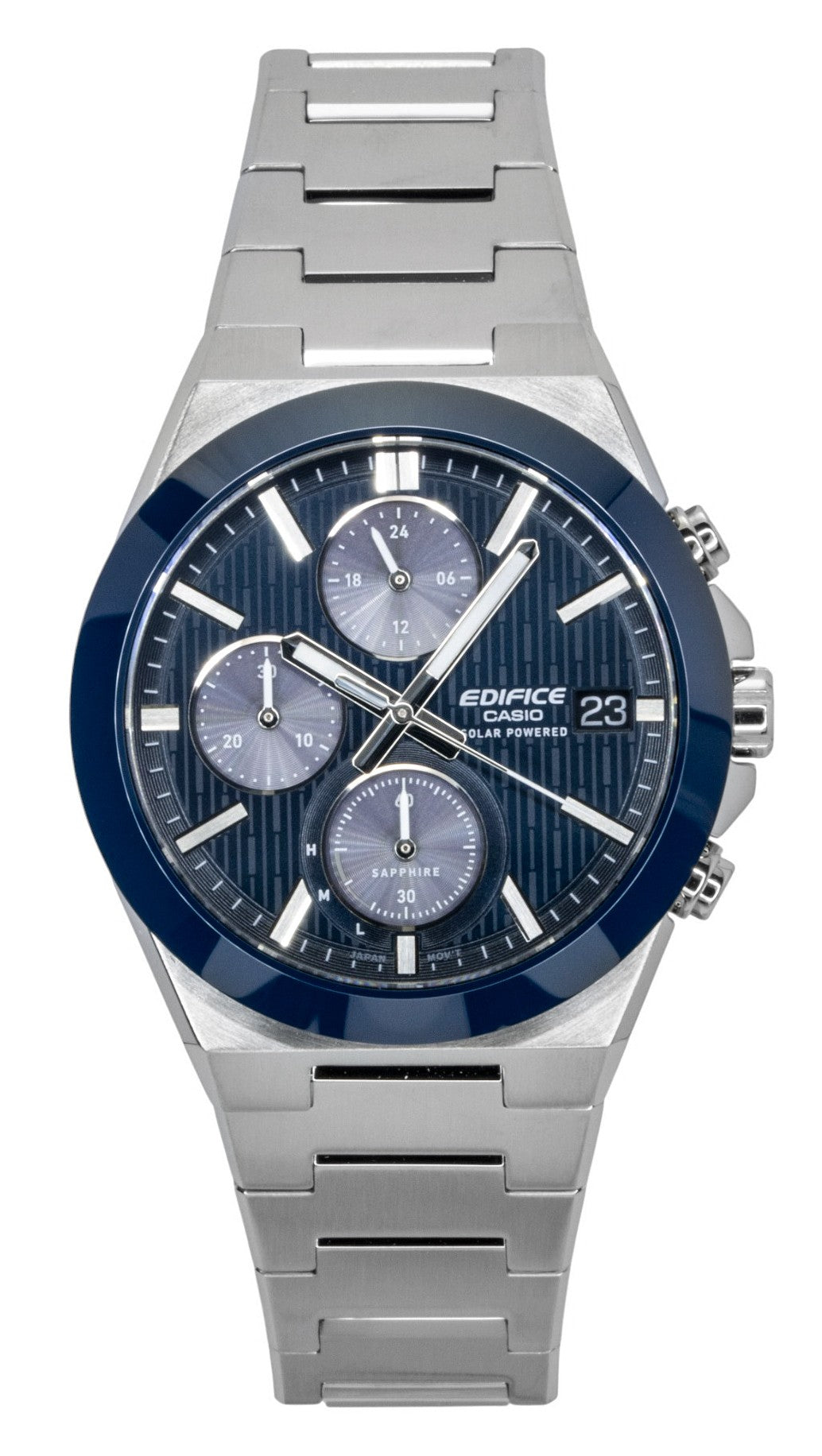 Casio Edifice Analog Chronograph Stainless Steel Blue Dial. A brand-new Casio Edifice watch featuring a Blue dial and a Stainless steel strap. Front view.