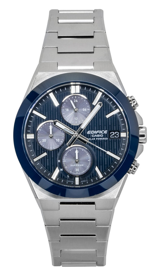 Casio Edifice Analog Chronograph Stainless Steel Blue Dial. A brand-new Casio Edifice watch featuring a Blue dial and a Stainless steel strap. Front view.