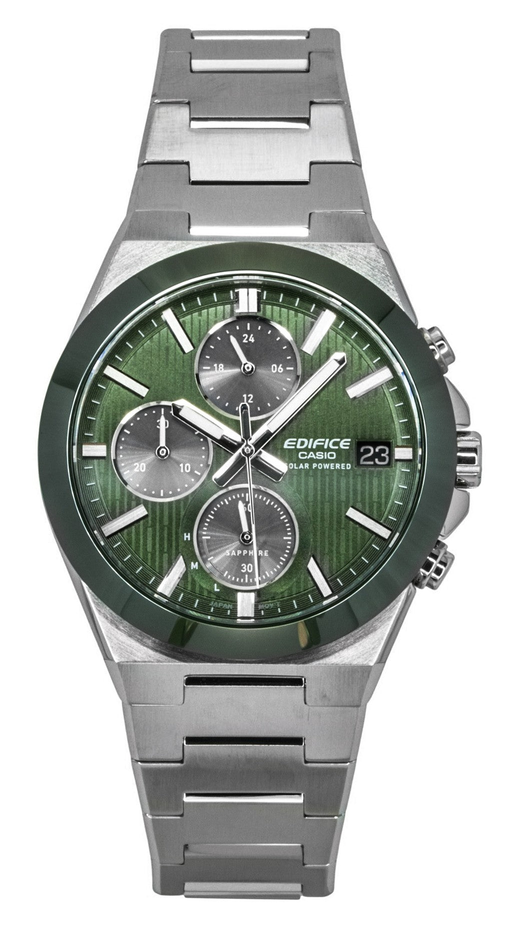 Casio Edifice Analog Chronograph Stainless Steel Green Dial. A brand-new Casio Edifice watch featuring a Green dial and a Stainless steel strap. Angled view.