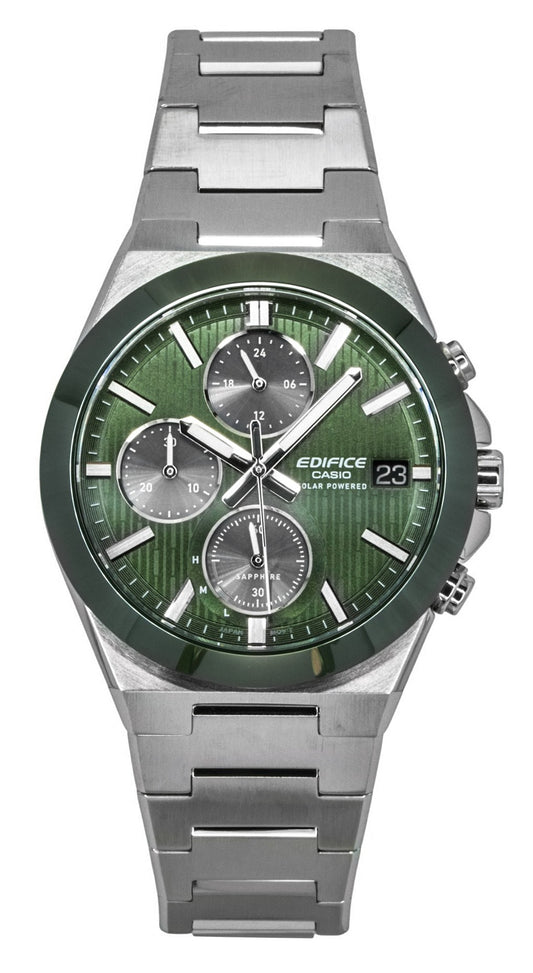 Casio Edifice Analog Chronograph Stainless Steel Green Dial. A brand-new Casio Edifice watch featuring a Green dial and a Stainless steel strap. Angled view.