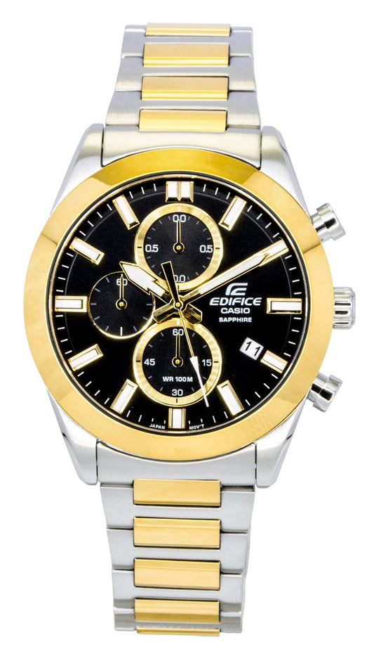 Casio Edifice Analog Chronograph Two Tone Stainless Steel. A brand-new Casio Edifice watch featuring a Black dial and a Stainless steel strap. Angled view.