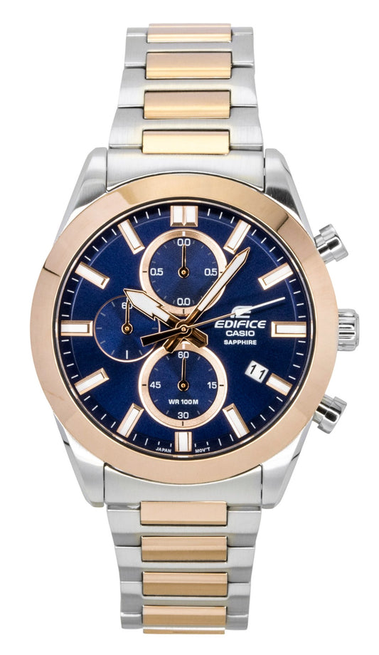 Casio Edifice Analog Chronograph Two Tone Stainless Steel. A brand-new Casio Edifice watch featuring a Blue dial and a Stainless steel strap. Side view.