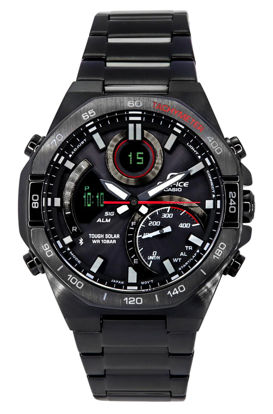 Casio Edifice Analog Digital Mobile Link Black Dial Tough. A brand-new Casio Edifice watch featuring a Black dial. Angled view.
