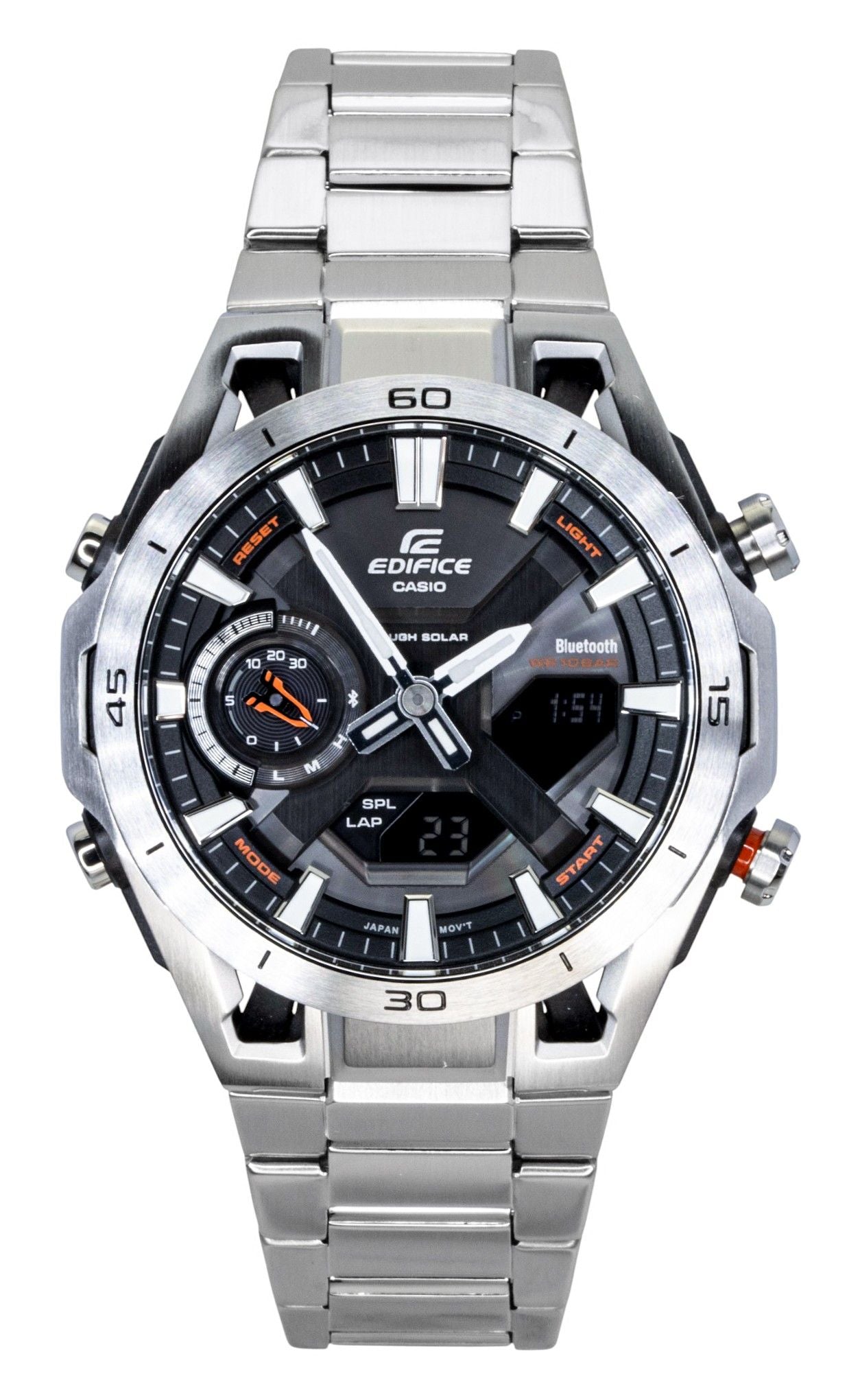 Casio Edifice Analog Digital Smartphone Link Stainless. A brand-new Casio Edifice watch featuring a Black dial and a Stainless steel strap. Front view.