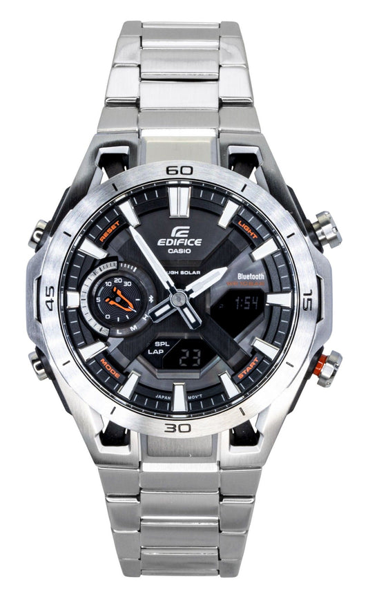 Casio Edifice Analog Digital Smartphone Link Stainless. A brand-new Casio Edifice watch featuring a Black dial and a Stainless steel strap. Front view.