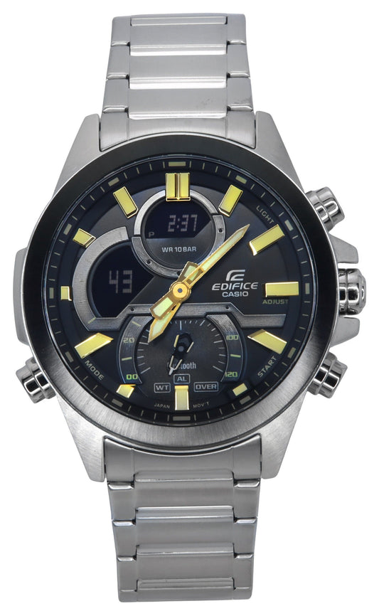 Casio Edifice Analog Digital Smartphone Link Stainless. A brand-new Casio Edifice watch featuring a Black dial and a Stainless steel strap. Angled view.