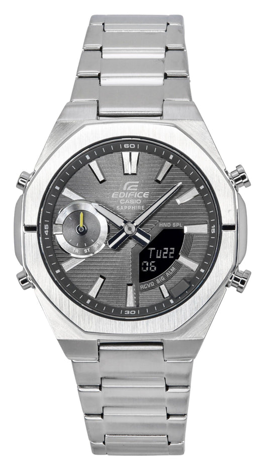 Casio Edifice Analog Digital Smartphone Link Stainless. A brand-new Casio Edifice watch featuring a Grey dial and a Stainless steel strap. Angled view.