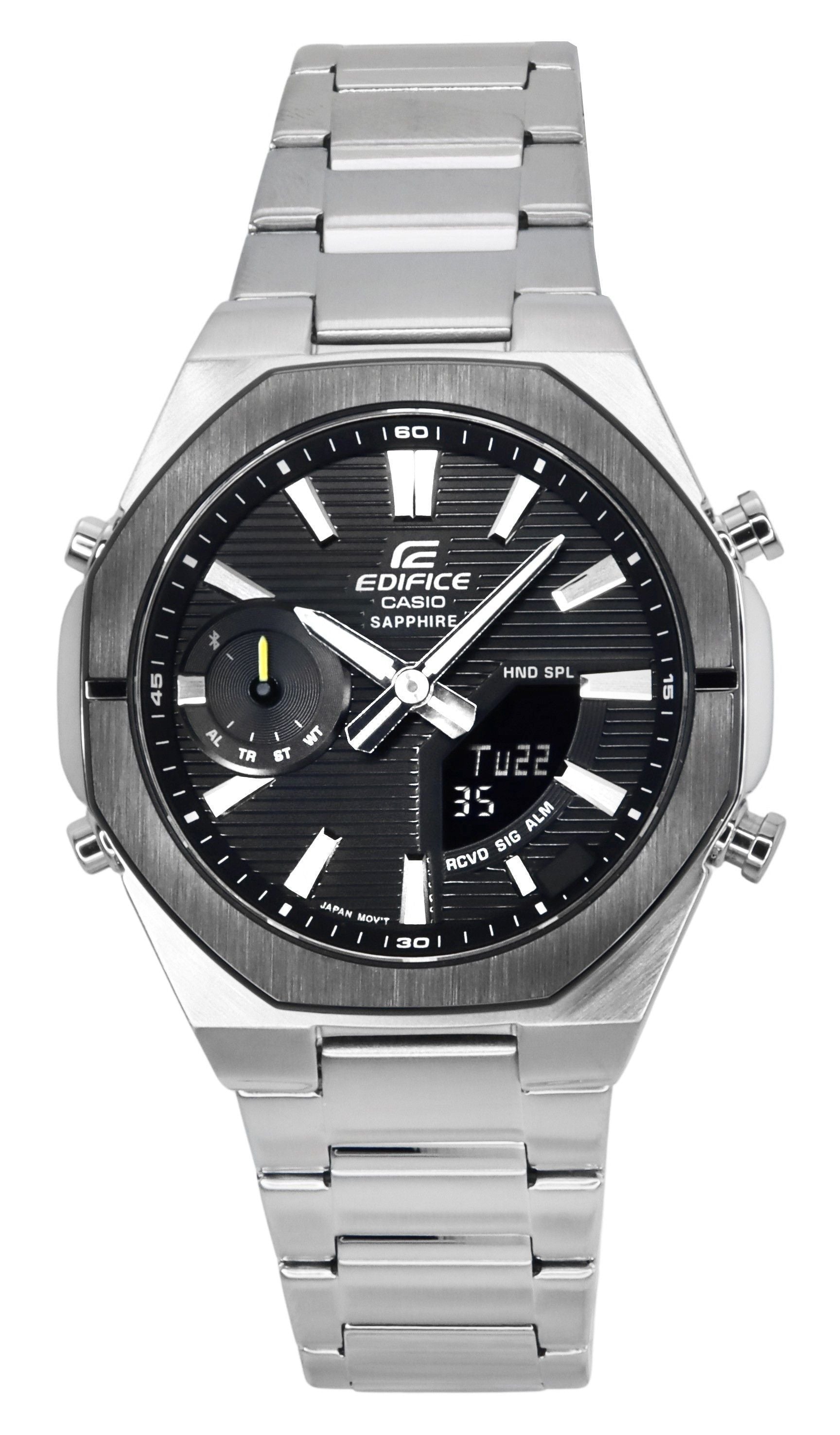 Casio Edifice Analog Digital Smartphone Link Stainless. A brand-new Casio Edifice watch featuring a Black dial and a Stainless steel strap. Front view.
