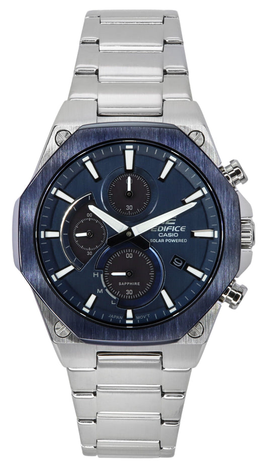 Casio Edifice Analog Slim Line With Sapphire Crystal. A brand-new Casio Edifice watch featuring a Blue dial. Side view.