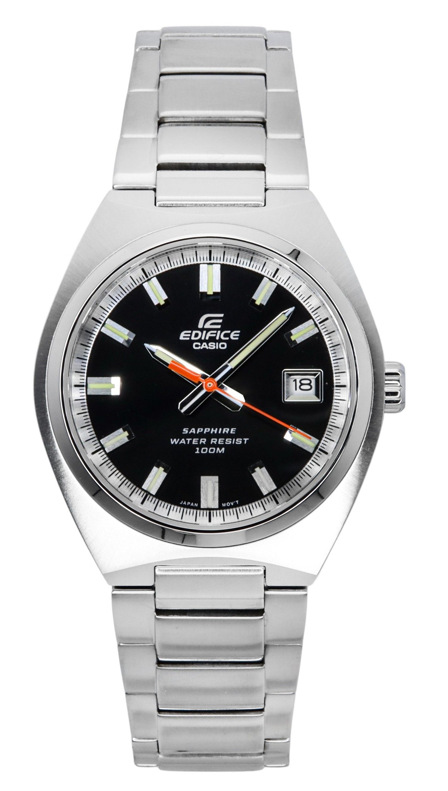 Casio Edifice Analog Stainless Steel Black Dial Quartz 100M. A brand-new Casio Edifice watch featuring a Black dial and a Stainless steel strap. Side view.