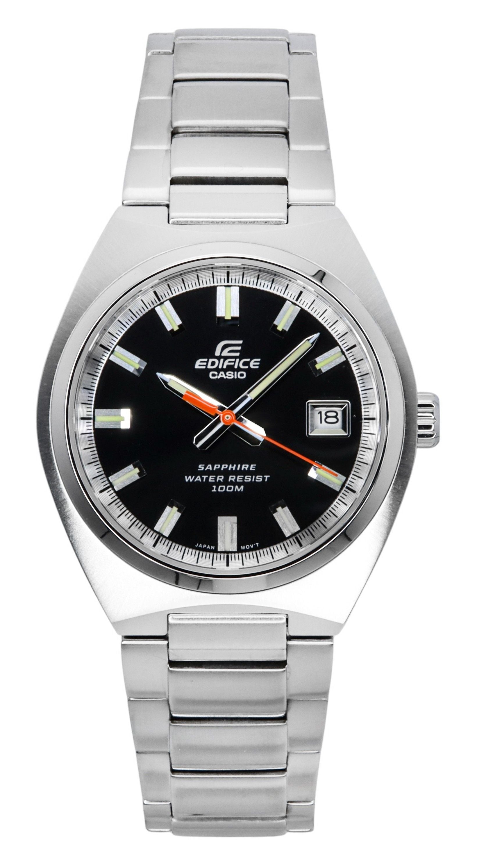 Casio Edifice Analog Stainless Steel Black Dial Quartz 100M. A brand-new Casio Edifice watch featuring a Black dial and a Stainless steel strap. Side view.