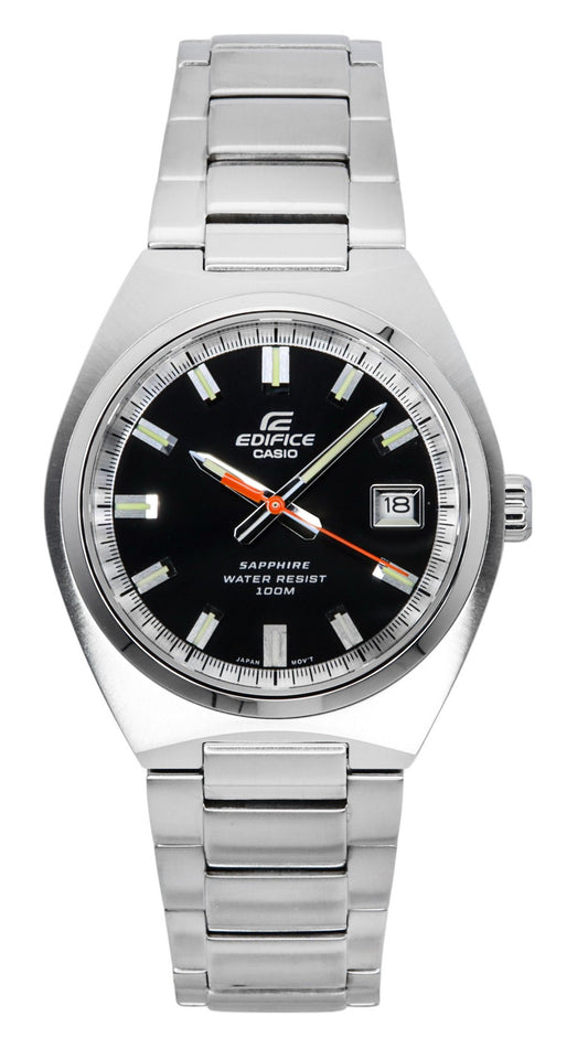 Casio Edifice Analog Stainless Steel Black Dial Quartz 100M. A brand-new Casio Edifice watch featuring a Black dial and a Stainless steel strap. Side view.