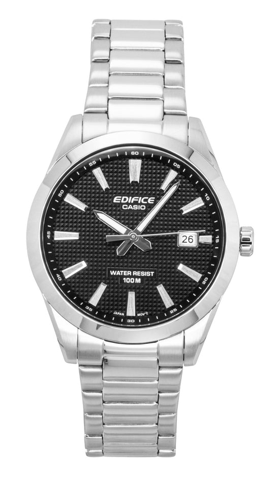 Casio Edifice Analog Stainless Steel Black Dial Quartz 100M. A brand-new Casio Edifice watch featuring a Black dial and a Stainless steel strap. Side view.