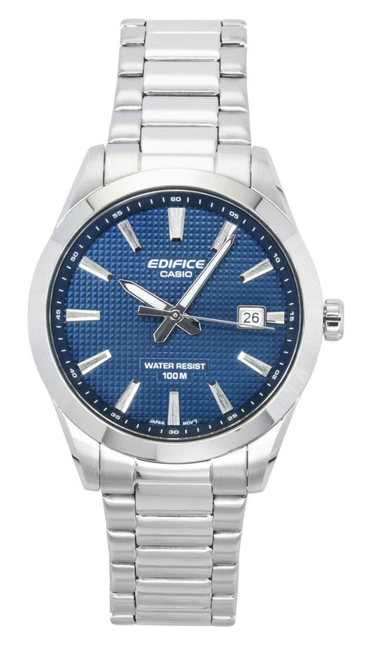Casio Edifice Analog Stainless Steel Blue Dial Quartz 100M. A brand-new Casio Edifice watch featuring a Blue dial and a Stainless steel strap. Angled view.