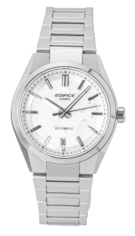 Casio Edifice Analog Stainless Steel Forged Carbon White. A brand-new Casio Edifice watch featuring a White dial and a Stainless steel strap. Angled view.