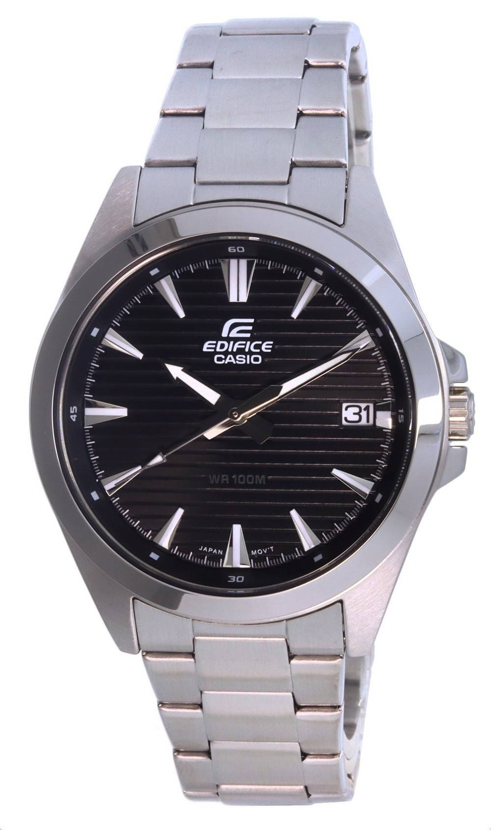 Casio Edifice Analog Stainless Steel Quartz EFV140D-1 100M. A brand-new Casio Edifice watch featuring a Stainless steel strap. Angled view.