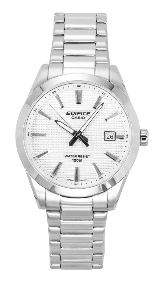 Casio Edifice Analog Stainless Steel White Dial Quartz 100M. A brand-new Casio Edifice watch featuring a White dial and a Stainless steel strap. Angled view.