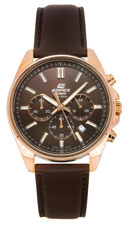 Casio Edifice Analog Standard Chronograph Brown Dial Quartz. A brand-new Casio Edifice watch featuring a Leather strap. Angled view.