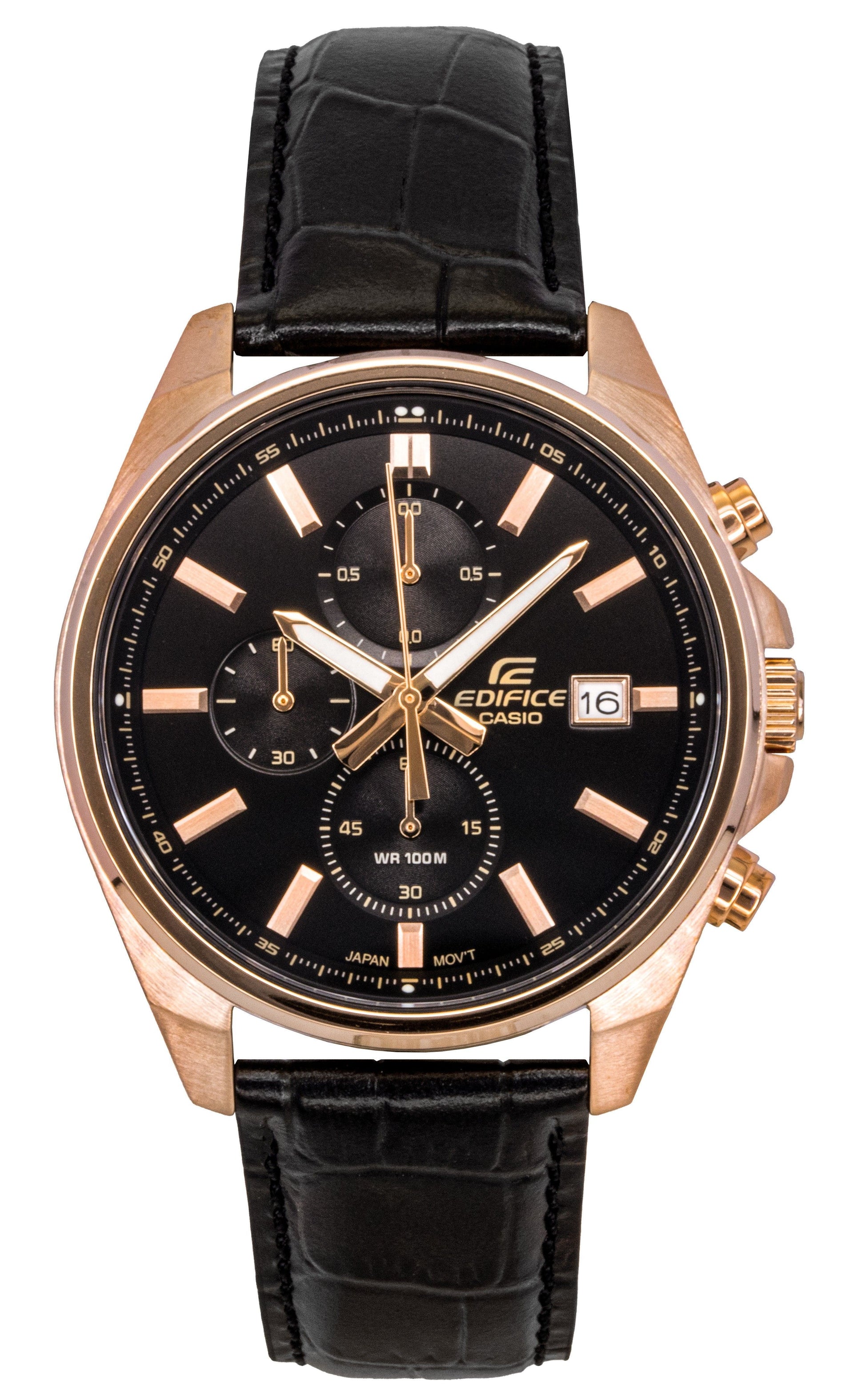 Casio Edifice Analog Standard Chronograph Leather Strap. A brand-new Casio Edifice watch featuring a Black dial and a Leather strap. Front view.