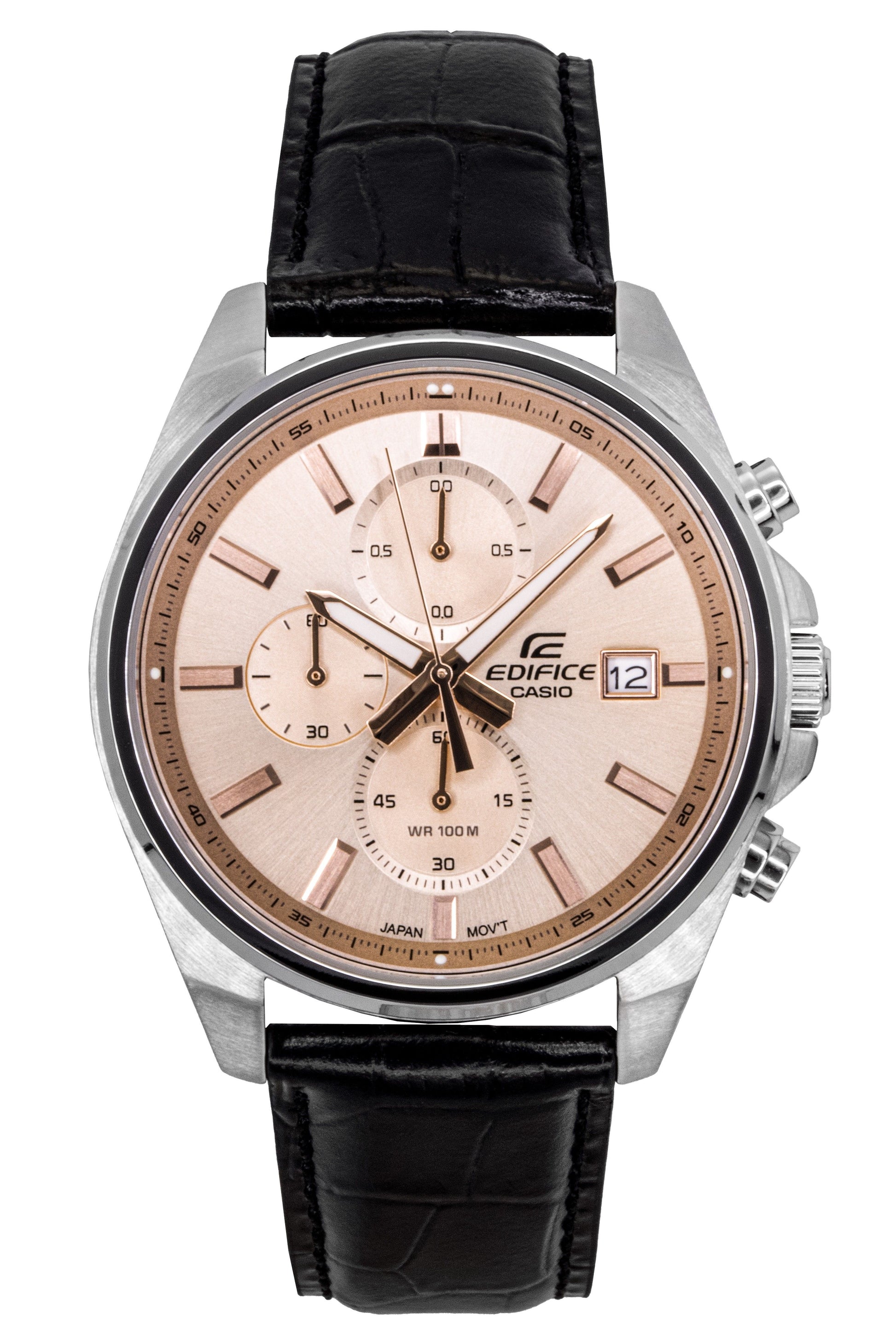 Casio Edifice Analog Standard Chronograph Leather Strap. A brand-new Casio Edifice watch featuring a Salmon dial and a Leather strap. Angled view.