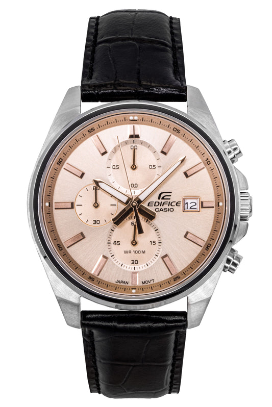 Casio Edifice Analog Standard Chronograph Leather Strap. A brand-new Casio Edifice watch featuring a Salmon dial and a Leather strap. Angled view.