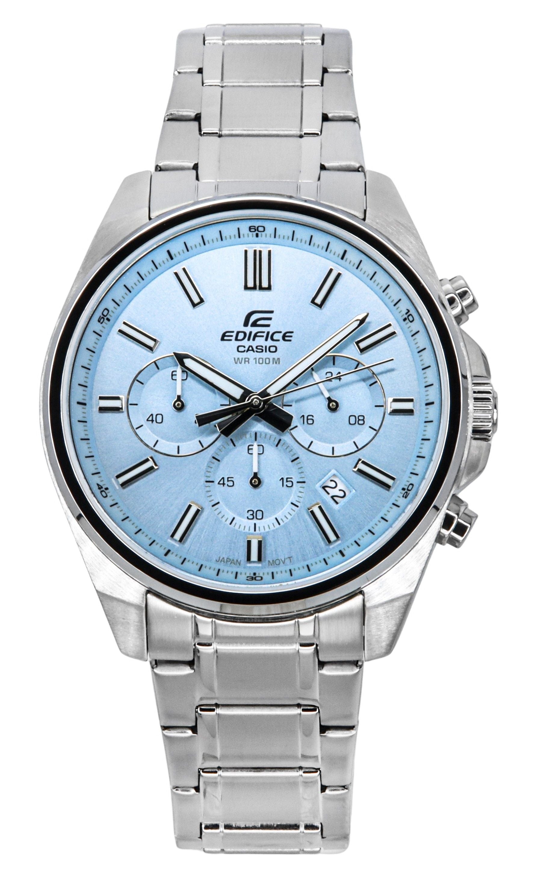 Casio Edifice Analog Standard Chronograph Light Blue Dial. A brand-new Casio Edifice watch featuring a Blue dial and a Stainless steel strap. Front view.