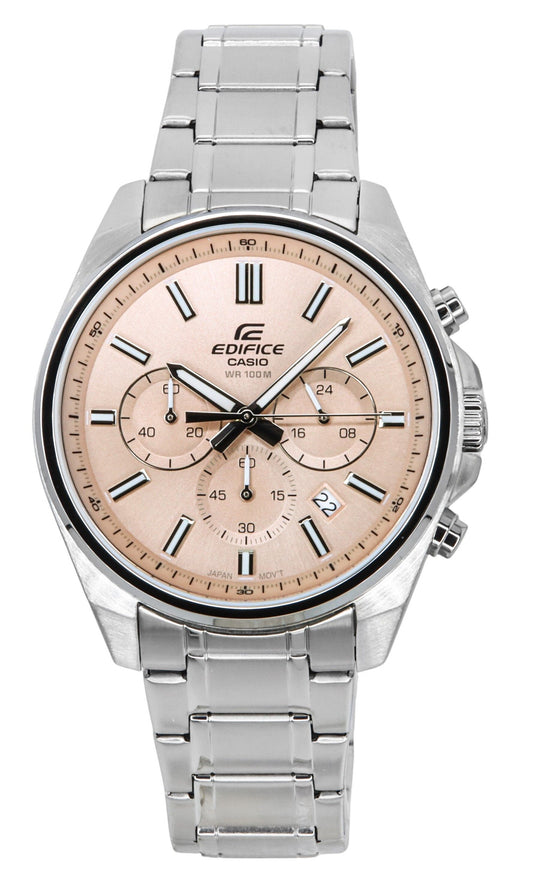 Casio Edifice Analog Standard Chronograph Pink Dial Quartz. A brand-new Casio Edifice watch featuring a Pink dial and a Stainless steel strap. Side view.