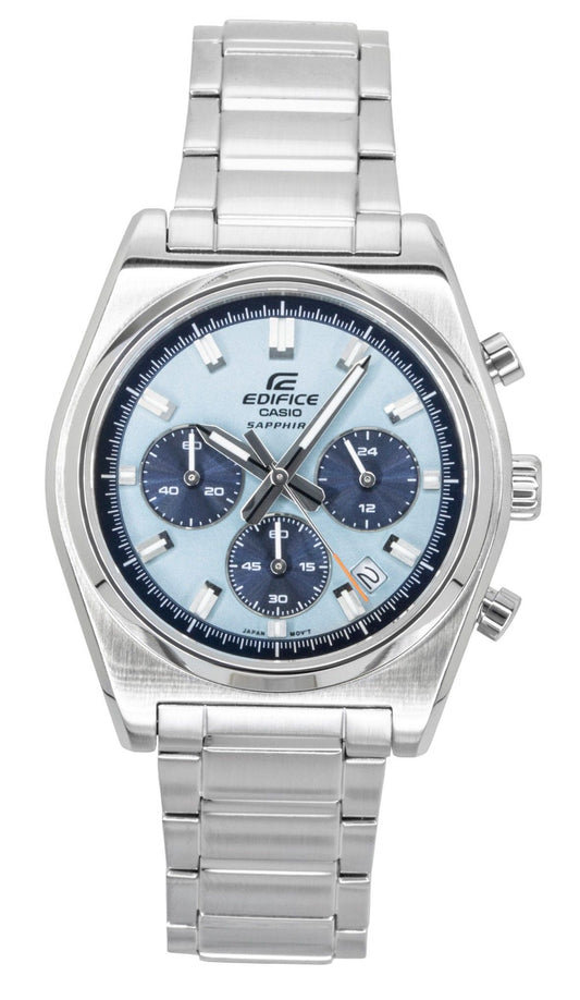 Casio Edifice Analog Standard Chronograph Stainless Steel. A brand-new Casio Edifice watch featuring a Blue dial and a Stainless steel strap. Front view.