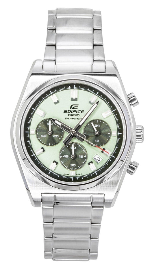 Casio Edifice Analog Standard Chronograph Stainless Steel. A brand-new Casio Edifice watch featuring a Green dial and a Stainless steel strap. Side view.