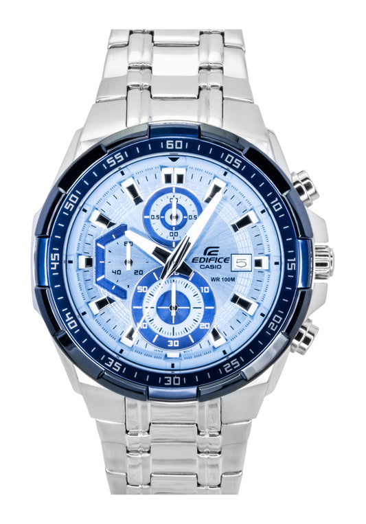 Casio Edifice Analog Standard Chronograph Stainless Steel. A brand-new Casio Edifice watch featuring a Blue dial and a Stainless steel strap. Front view.
