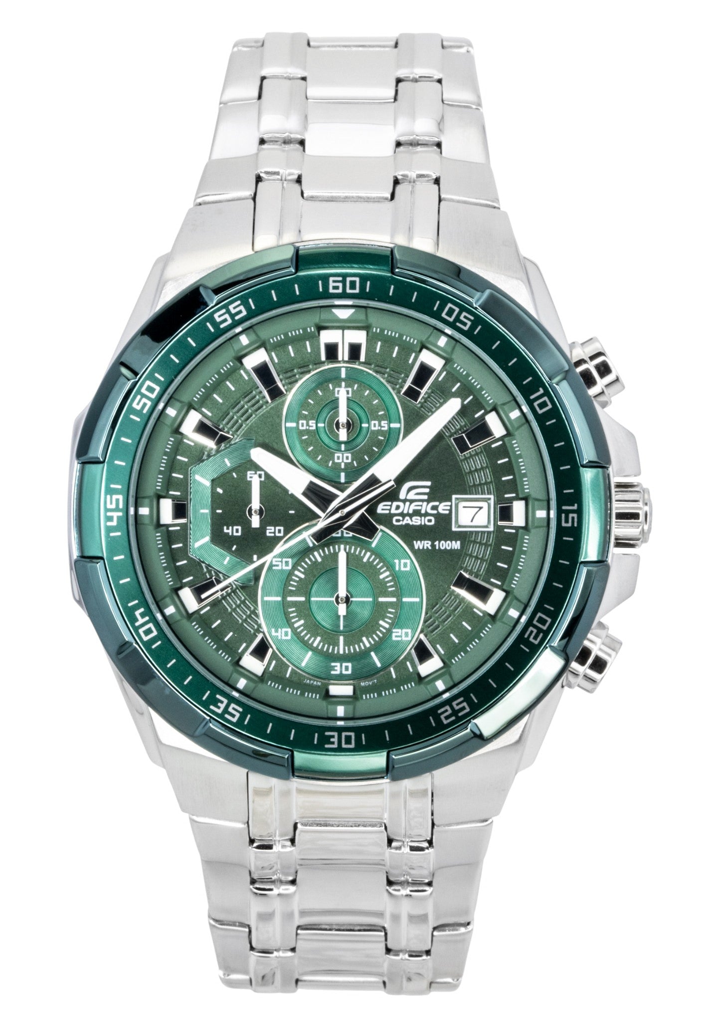 Casio Edifice Analog Standard Chronograph Stainless Steel. A brand-new Casio Edifice watch featuring a Green dial and a Stainless steel strap. Front view.